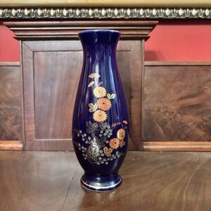 Vintage‎ Cobalt Blue Floral Vase 8" Hand Painted Gold Accents Concepts Intl